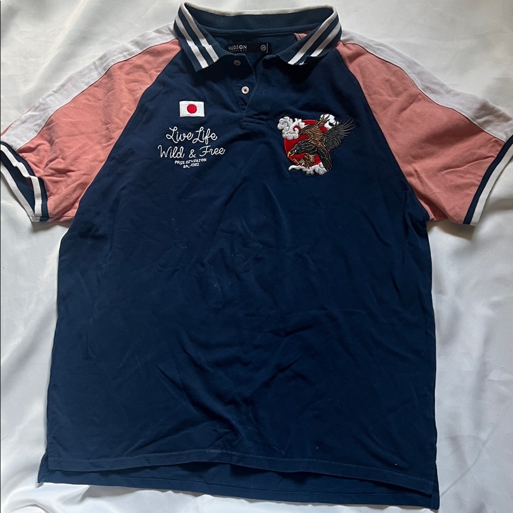 Hudson Jeans Navy and Pink Polo with Embroidery